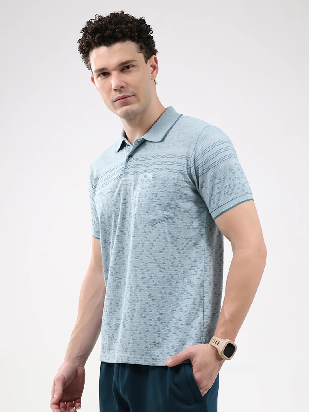 Men Turquoise Blue Stripe Collar Half Sleeve T-Shirt - Image 4