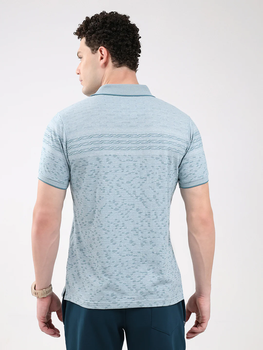 Men Turquoise Blue Stripe Collar Half Sleeve T-Shirt - Image 5