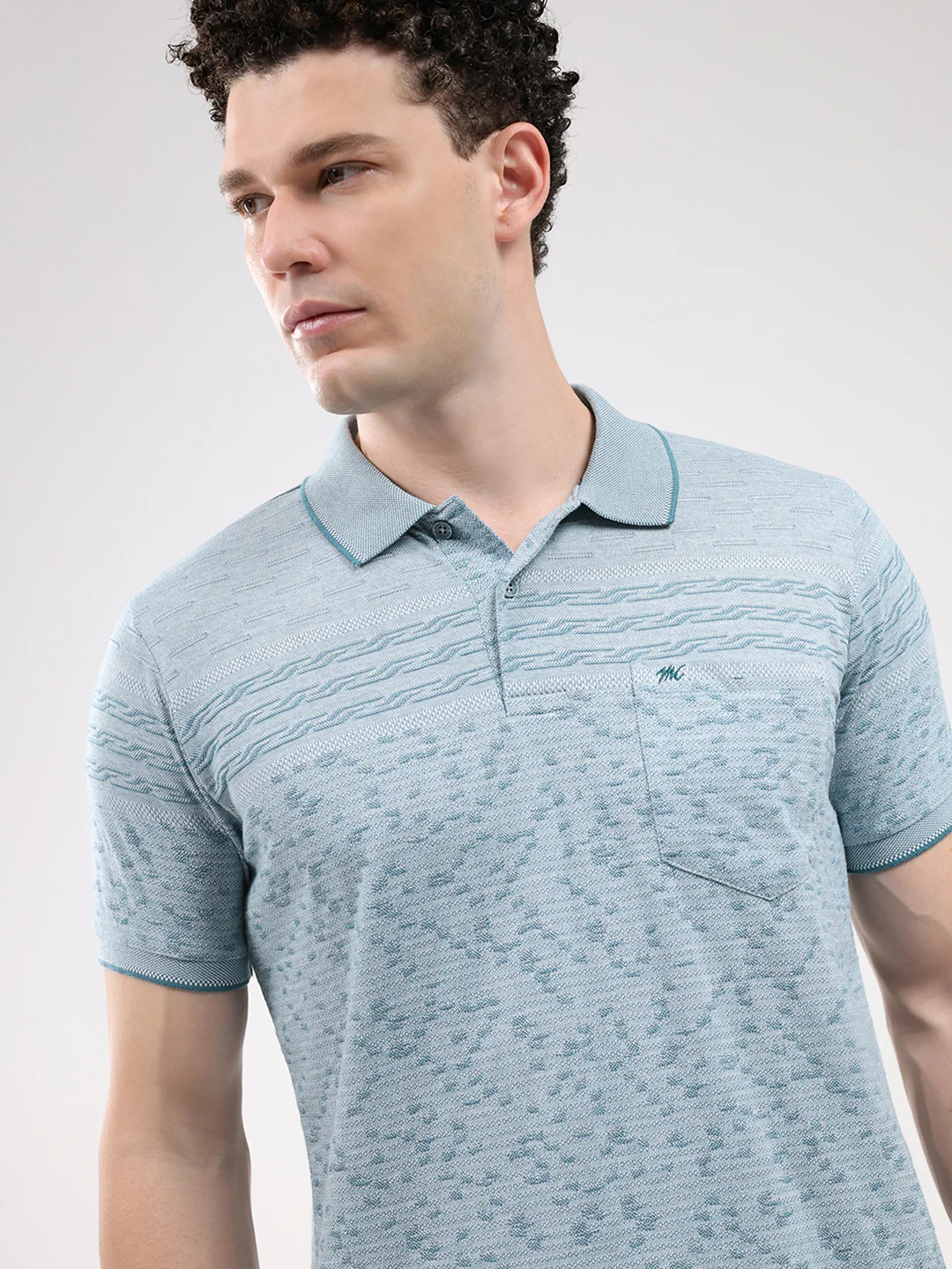 Men Turquoise Blue Stripe Collar Half Sleeve T-Shirt - Image 7