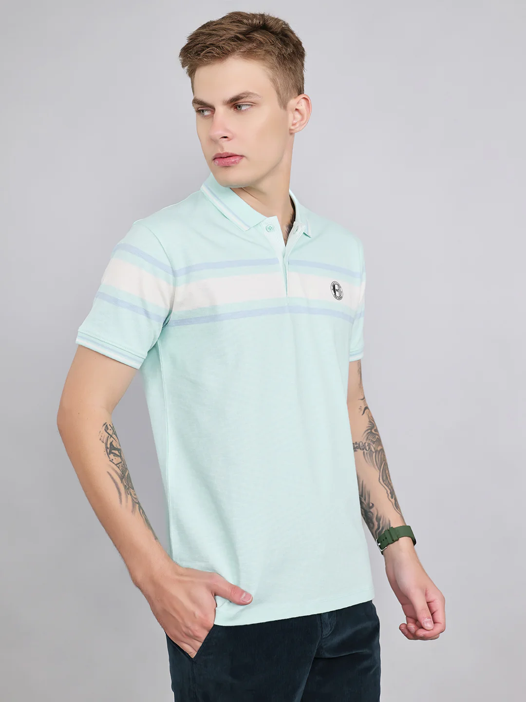 Men Turquoise Blue Stripe Collar Half Sleeve T-Shirt - Image 3
