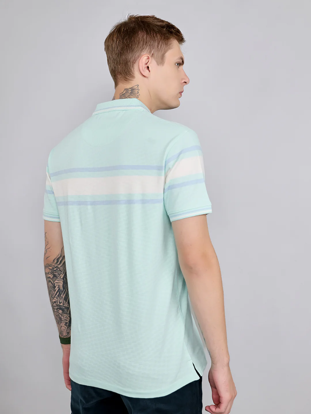 Men Turquoise Blue Stripe Collar Half Sleeve T-Shirt - Image 4