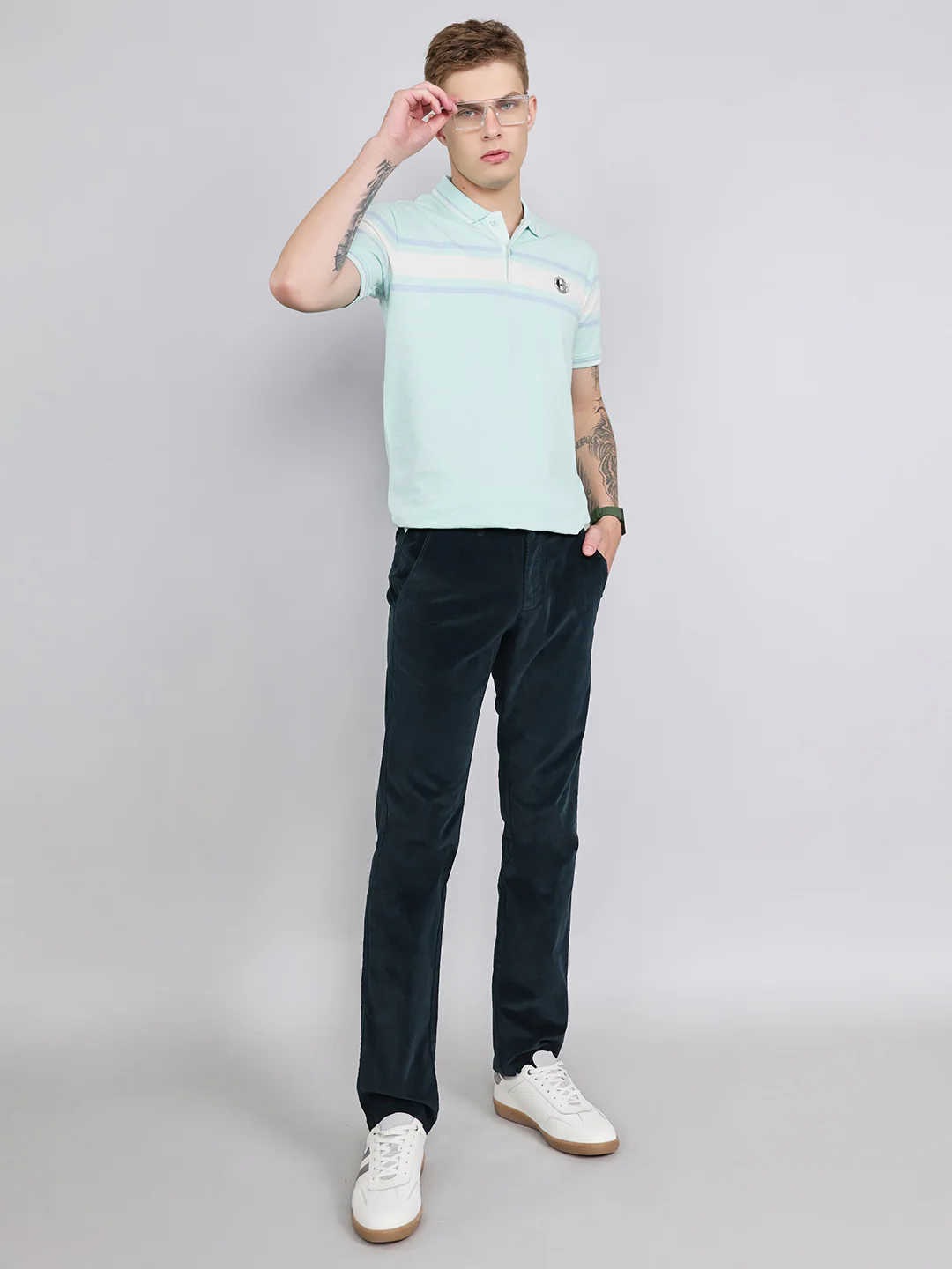 Men Turquoise Blue Stripe Collar Half Sleeve T-Shirt - Image 7