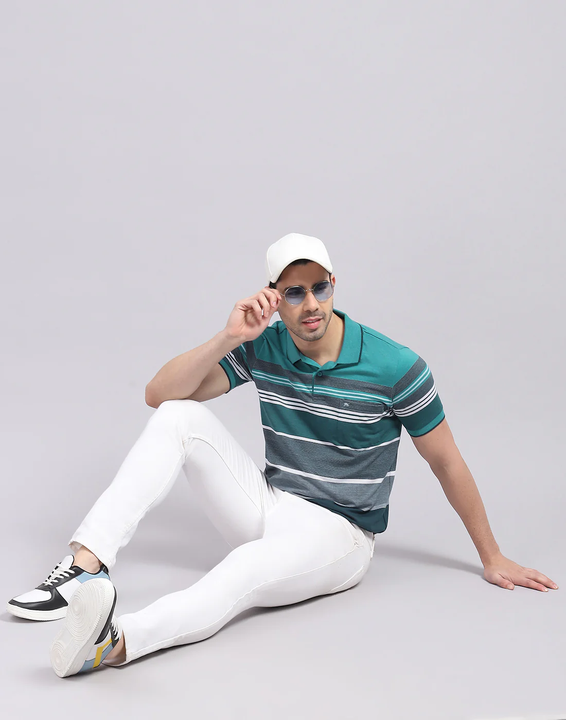Men Turquoise Blue Stripe Polo Collar Half Sleeve T-Shirt - Image 2
