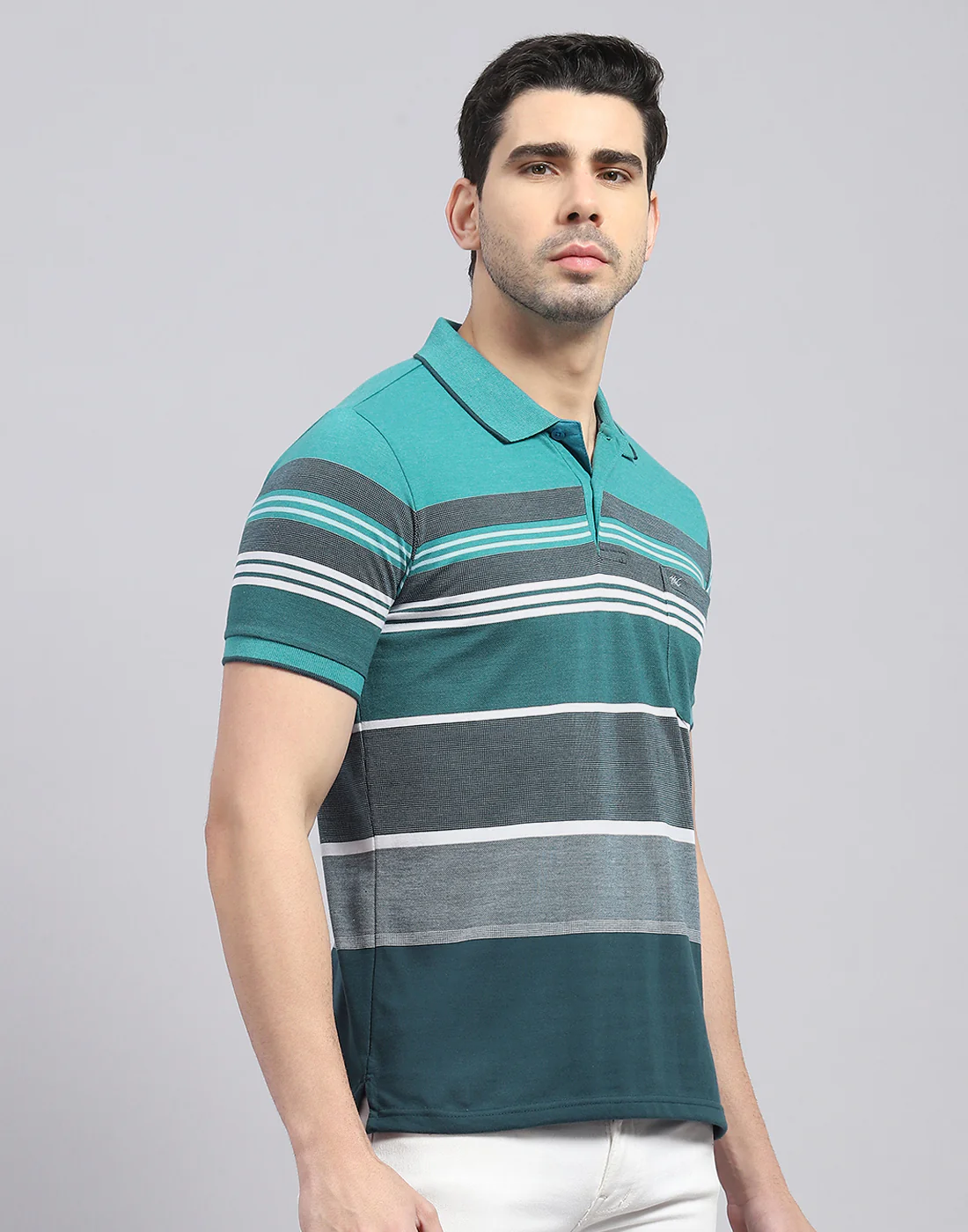 Men Turquoise Blue Stripe Polo Collar Half Sleeve T-Shirt - Image 5