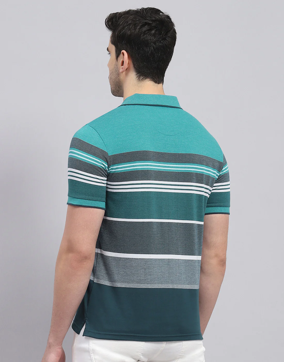 Men Turquoise Blue Stripe Polo Collar Half Sleeve T-Shirt - Image 6