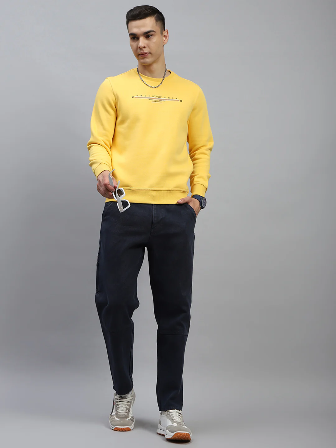 Men Turquoise Blue & Yellow Printed Round Neck Full Sleeve Sweatshirt - Image 2