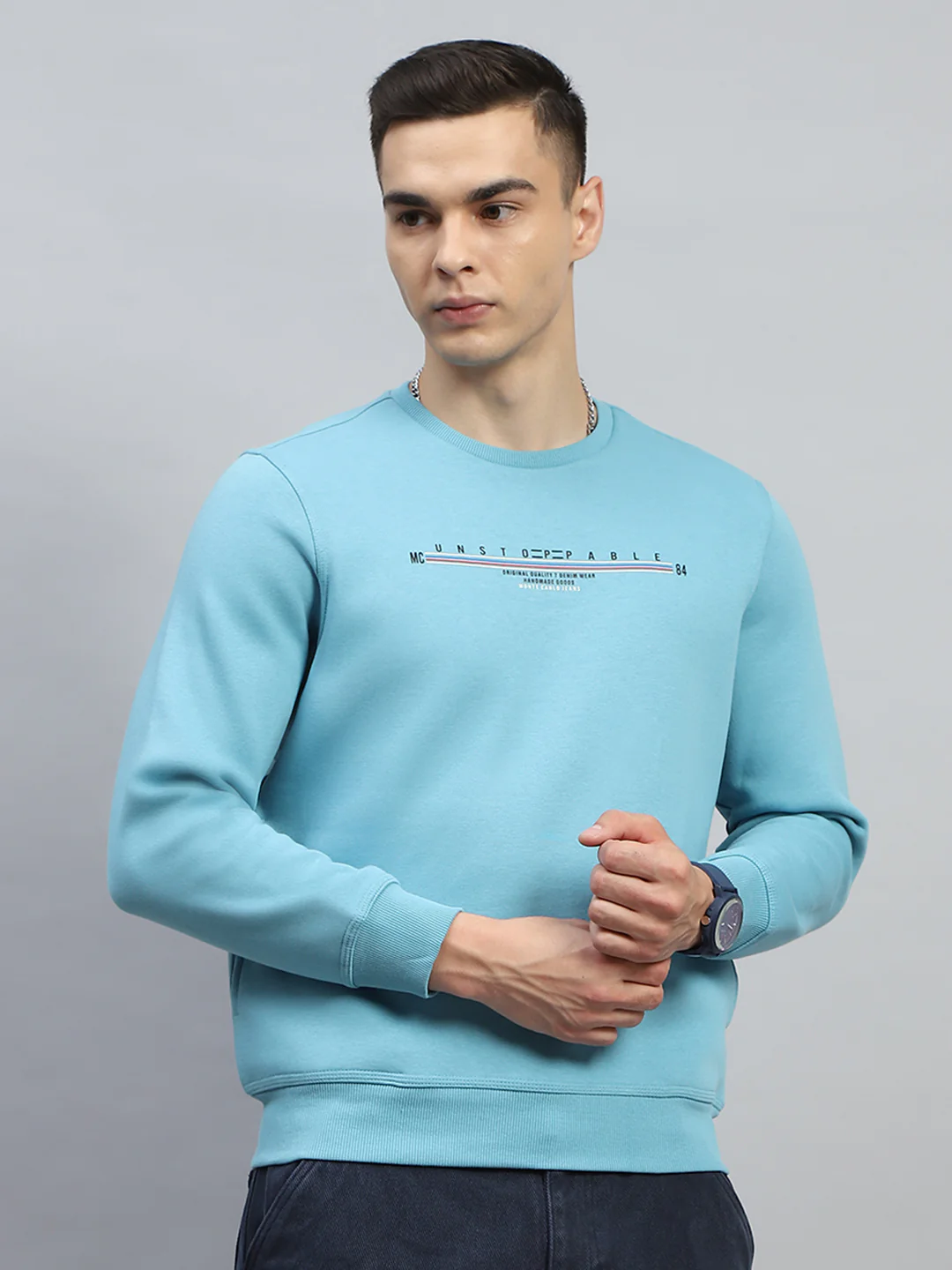Men Turquoise Blue & Yellow Printed Round Neck Full Sleeve Sweatshirt - Image 7