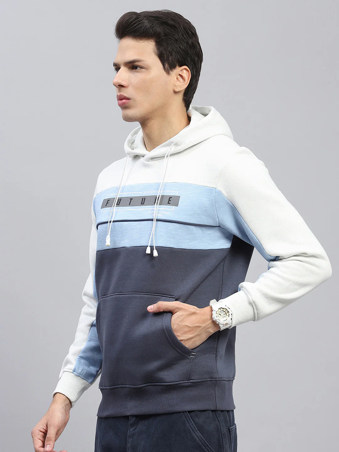 Men White & Blue Printed Hooded Full Sleeve Sweatshirt - Image 3