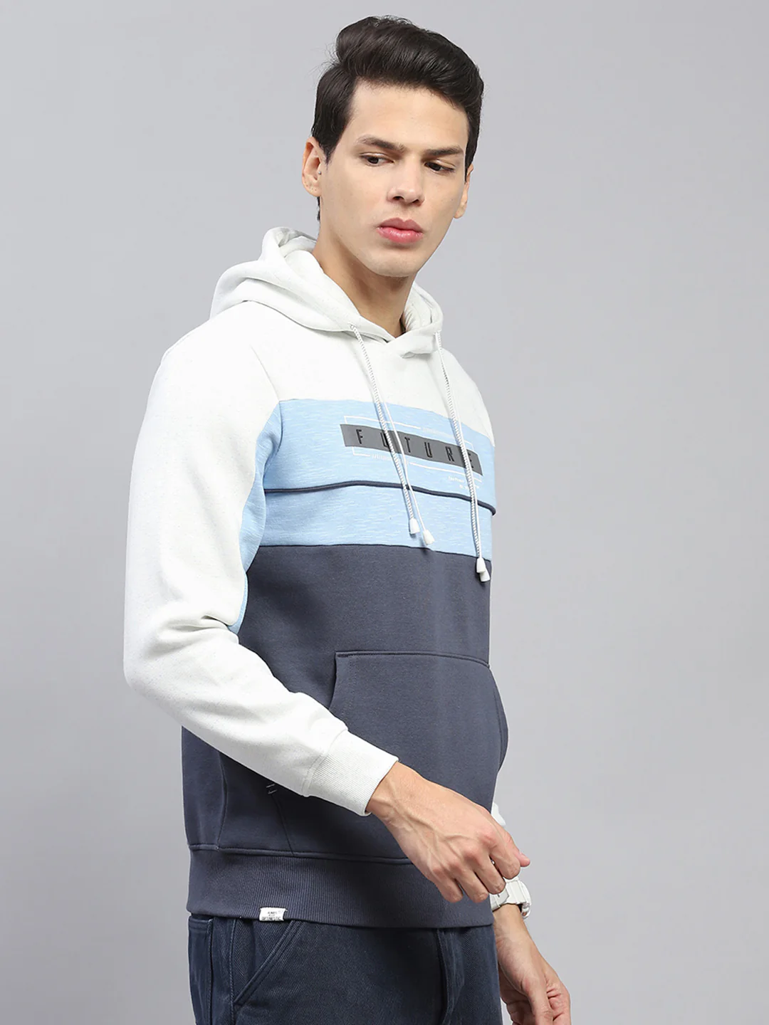 Men White & Blue Printed Hooded Full Sleeve Sweatshirt - Image 4