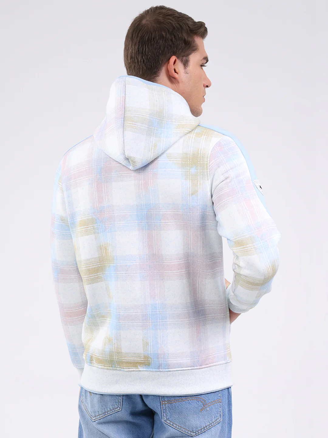 Men White & Blue Printed Hooded Full Sleeve Sweatshirt - Image 5