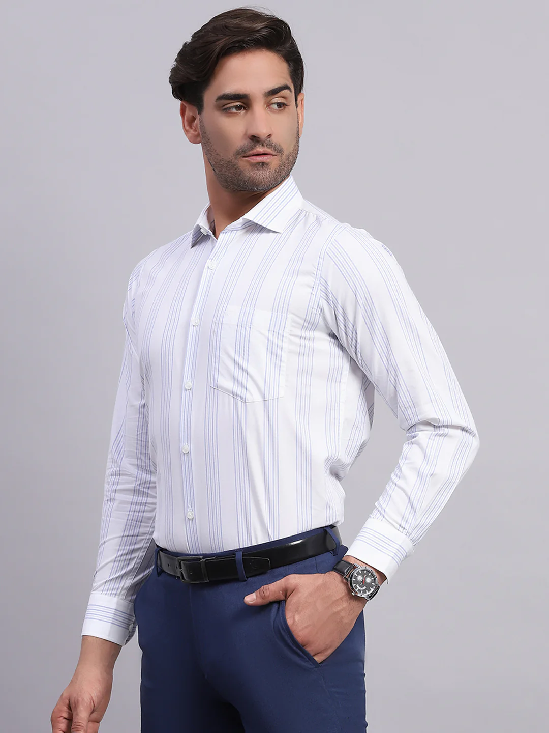 Men White & Blue Stripe Collar Full Sleeve Shirt - Image 3