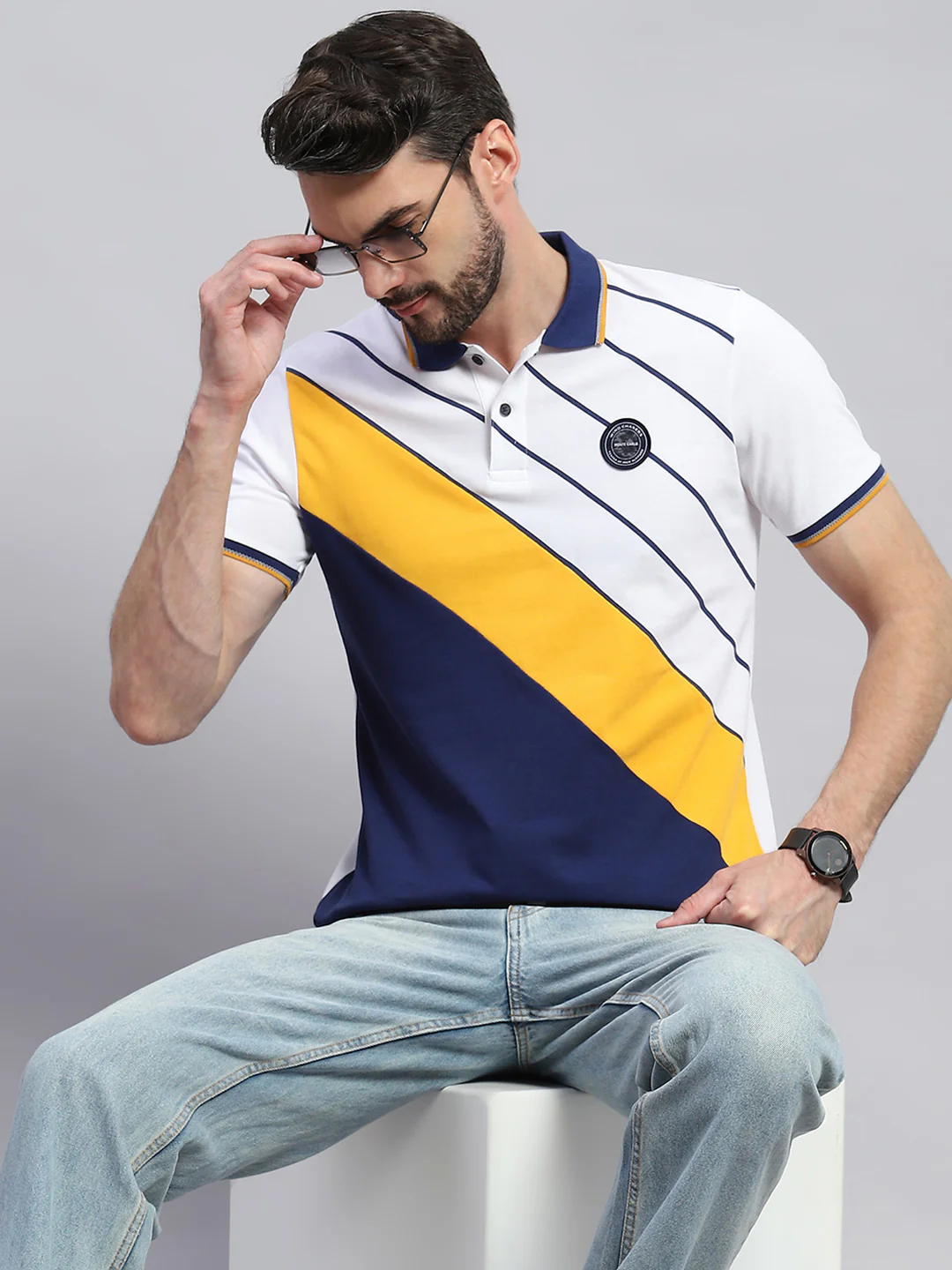 Men White & Blue Stripe Collar Half Sleeve T-Shirt - Image 6