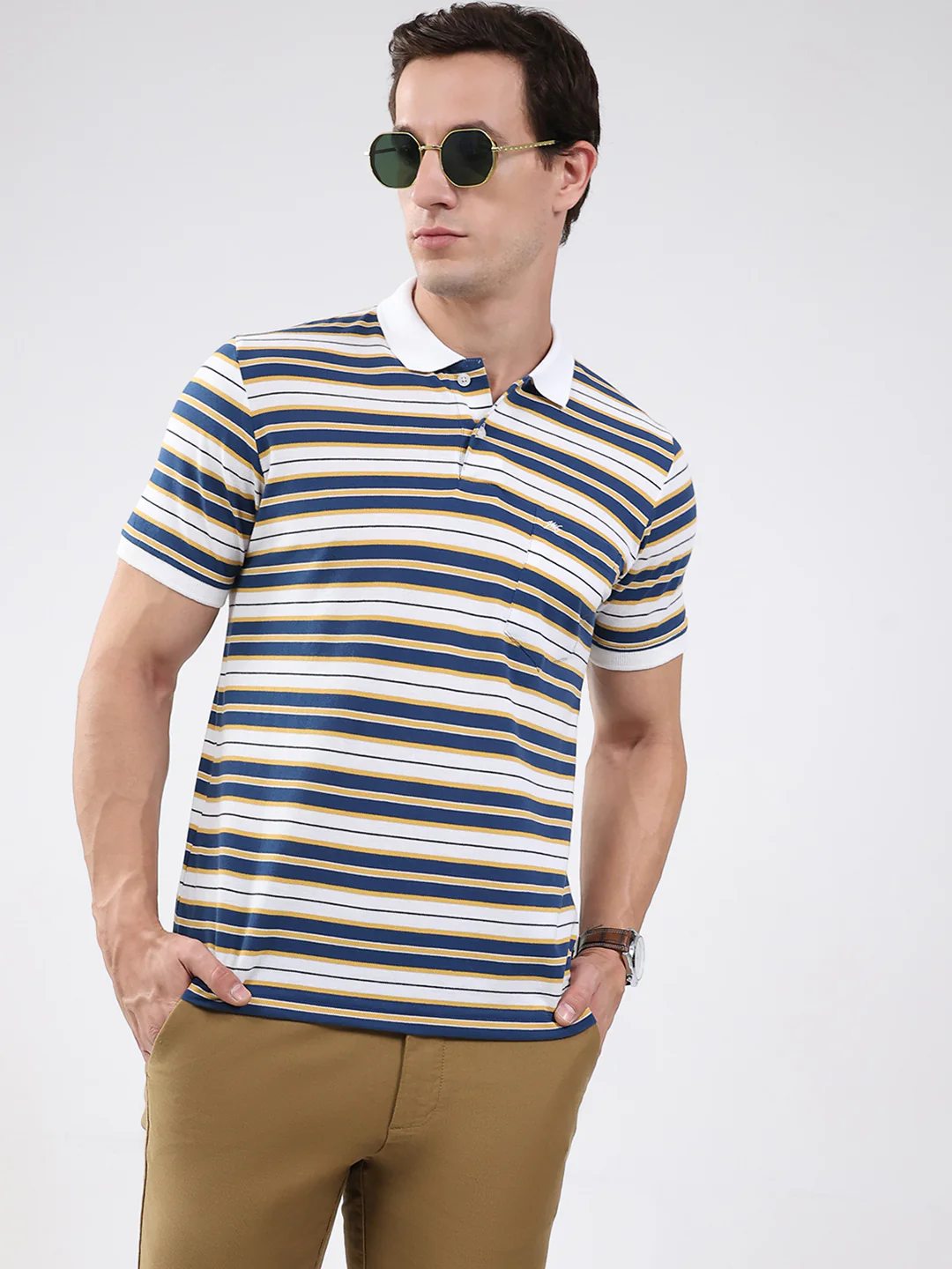Men White & Blue Stripe Collar Half Sleeve T-Shirt - Image 6