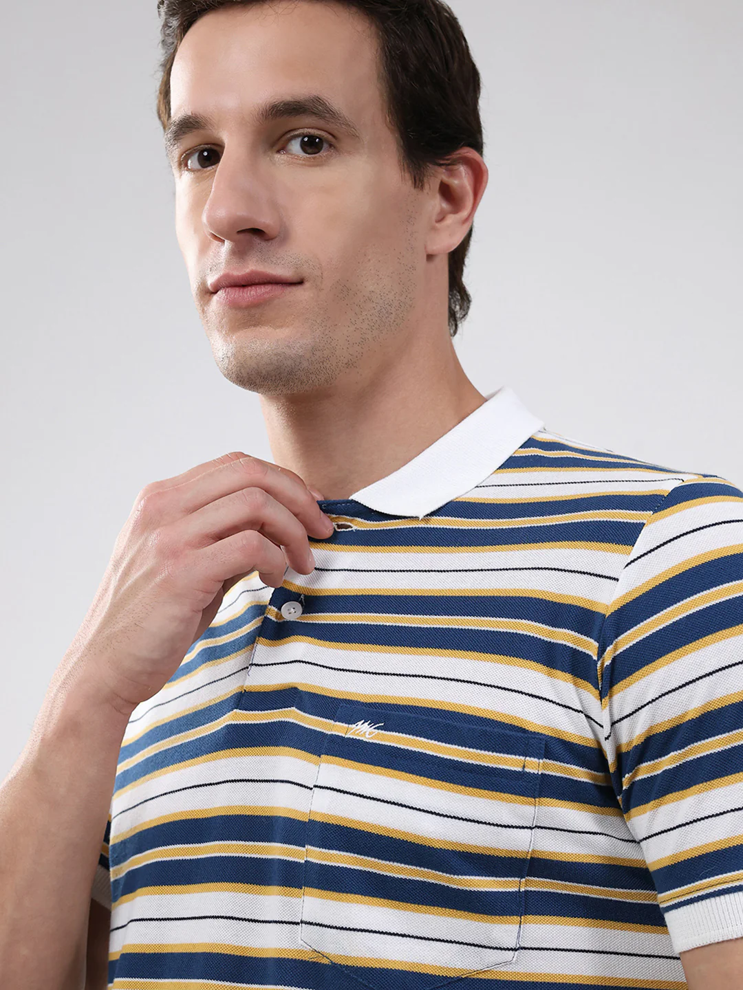 Men White & Blue Stripe Collar Half Sleeve T-Shirt - Image 7