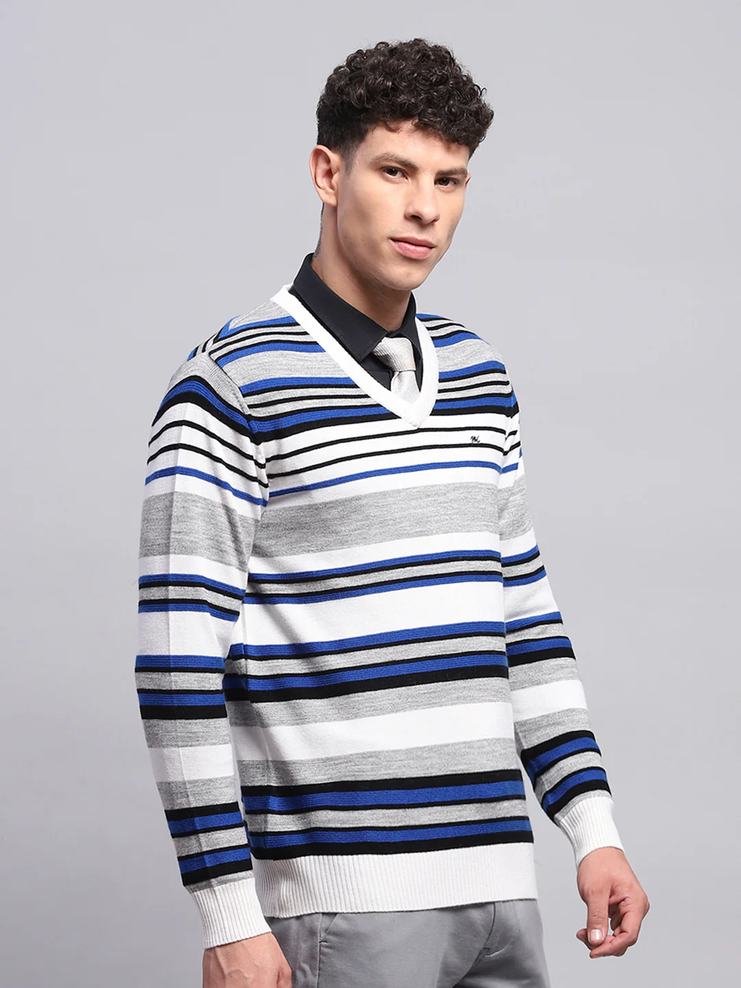 Men White & Blue Stripe V Neck Full Sleeve Pullover - Image 4