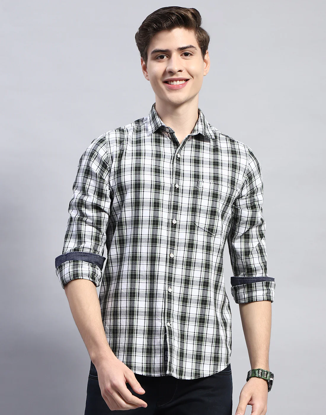 Men White Check Collar Full Sleeve Shirt - Image 3