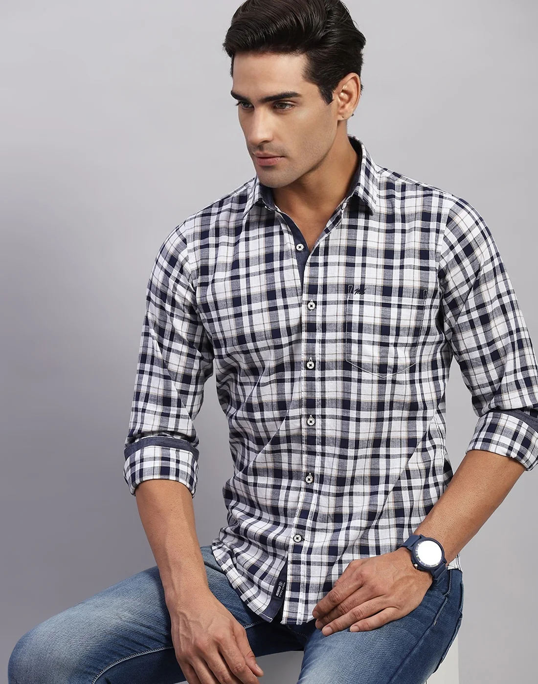 Men White Check Collar Full Sleeve Shirt - Image 6