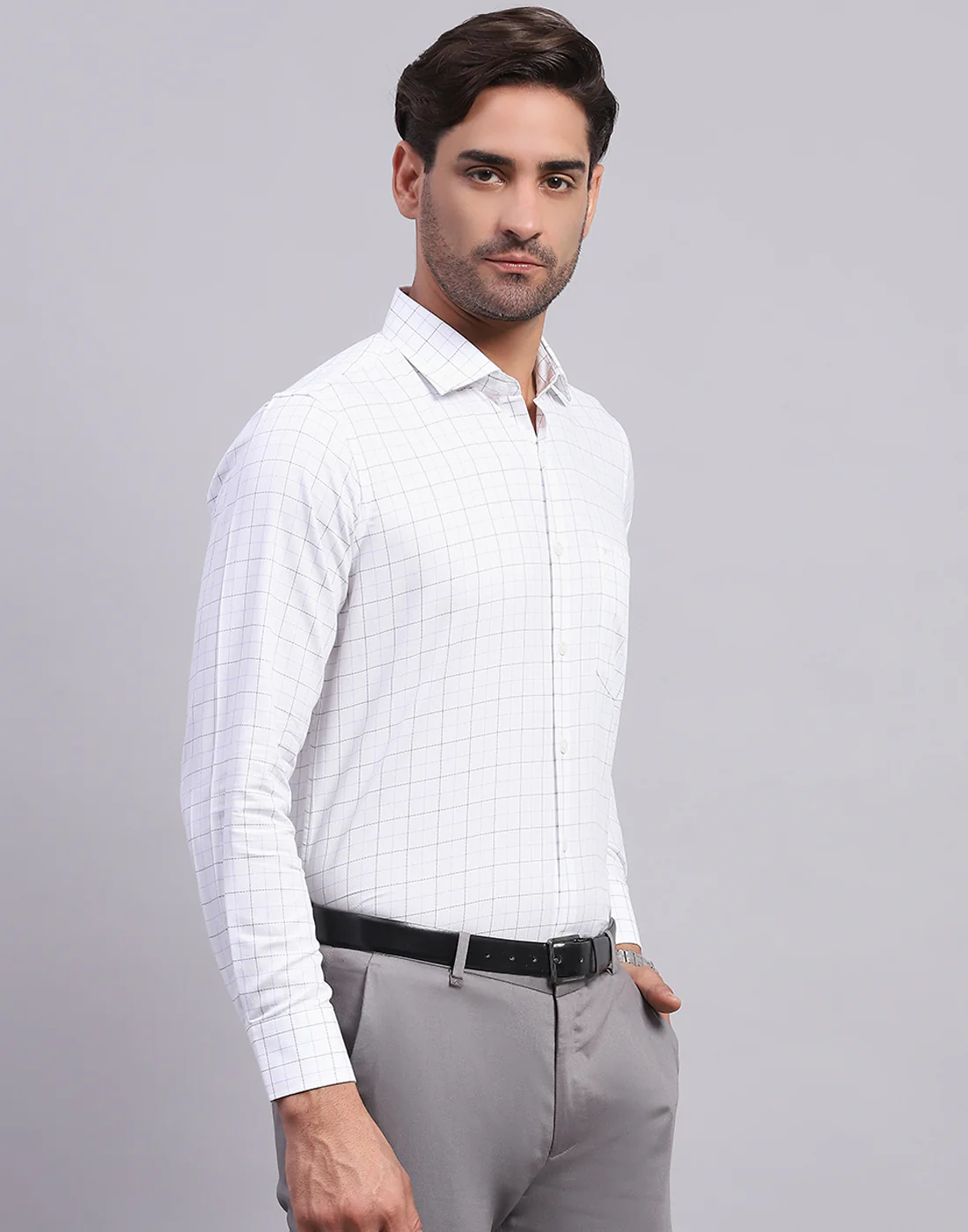 Men White Check Collar Full Sleeve Shirt - Image 4