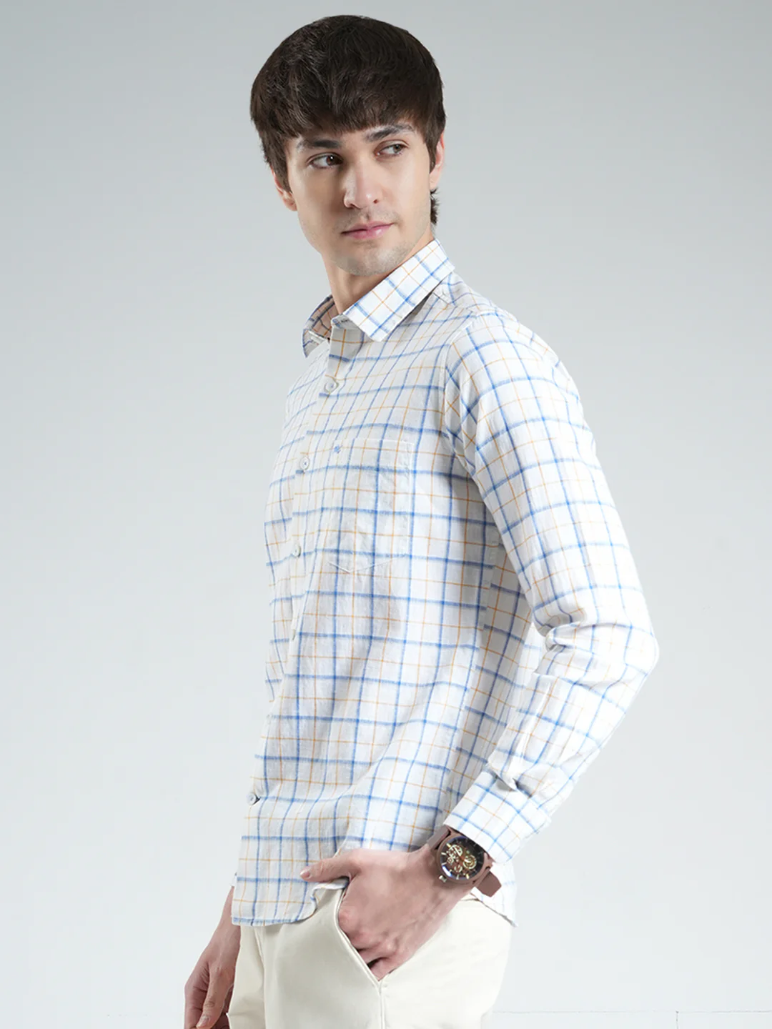Men White Check Collar Full Sleeve Linen Shirt - Image 3