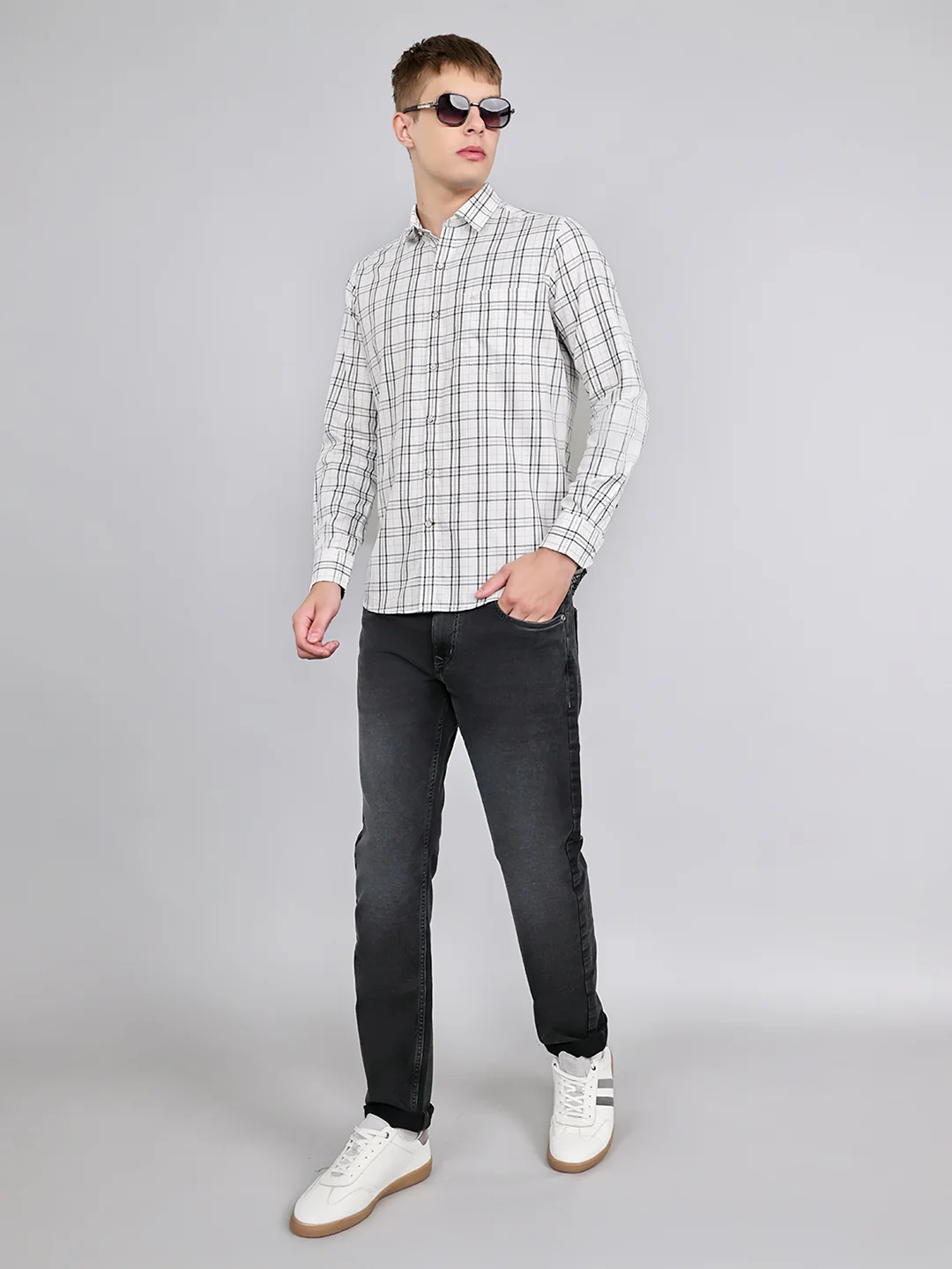 Men White Check Collar Full Sleeve Shirt - Image 6