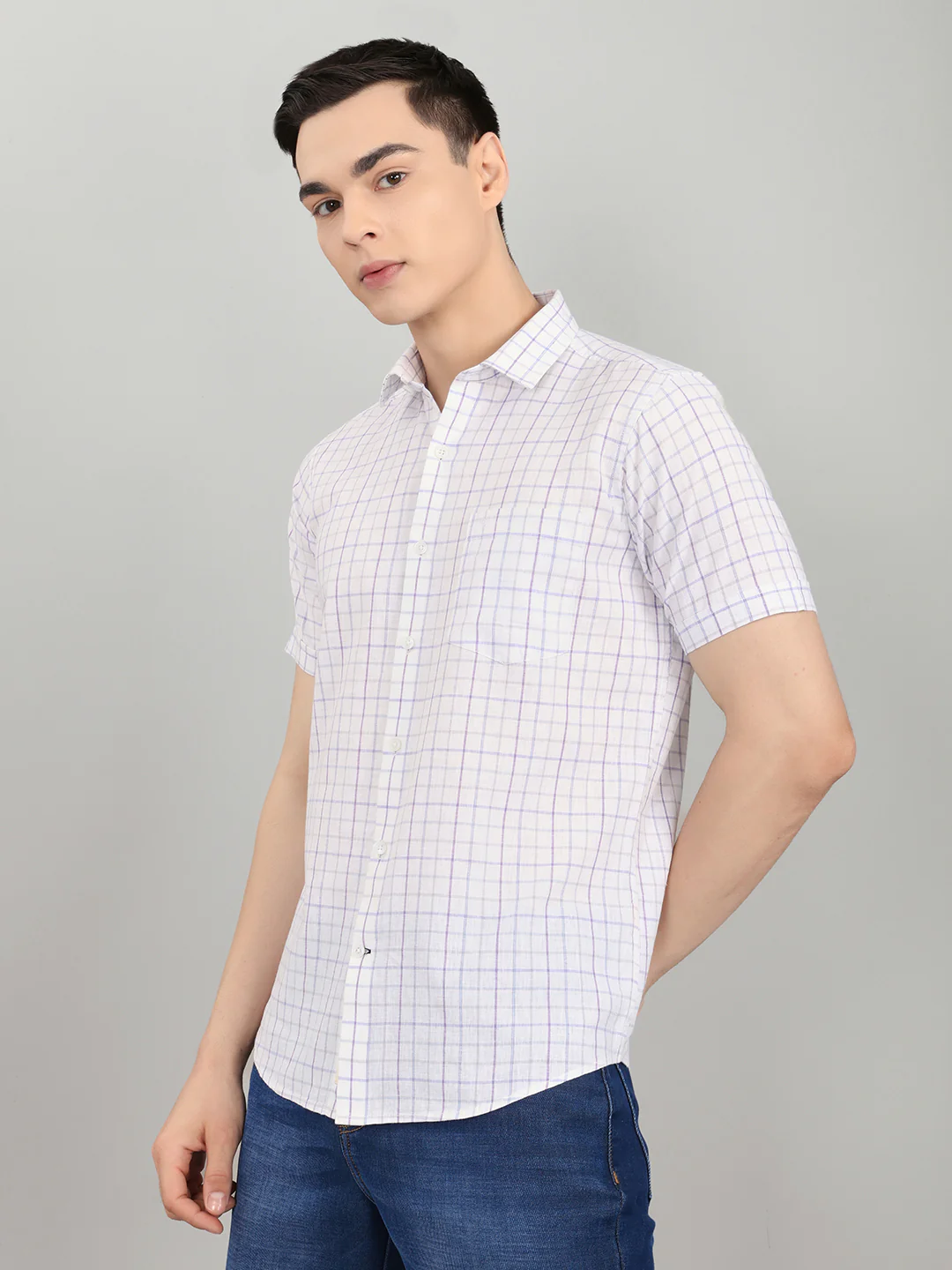 Men White Check Collar Half Sleeve Shirt - Image 2