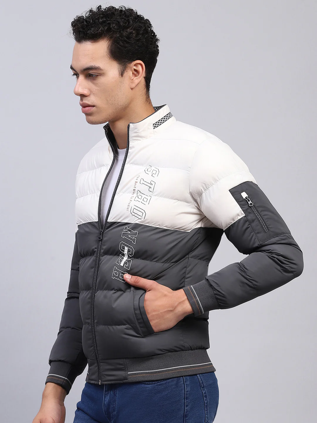 Men White & Grey Printed Mock Neck Full Sleeve Jacket - Image 3