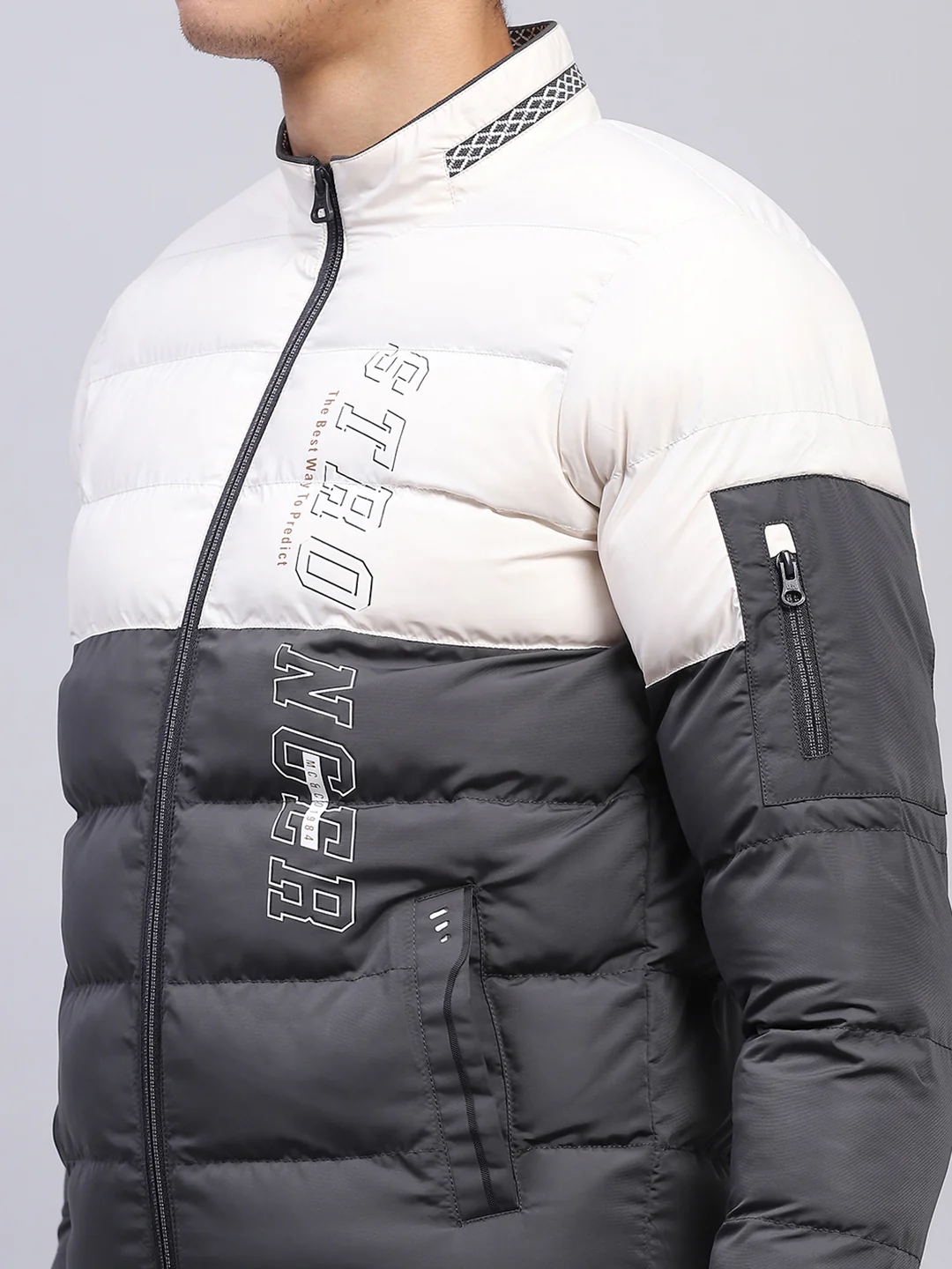 Men White & Grey Printed Mock Neck Full Sleeve Jacket - Image 6