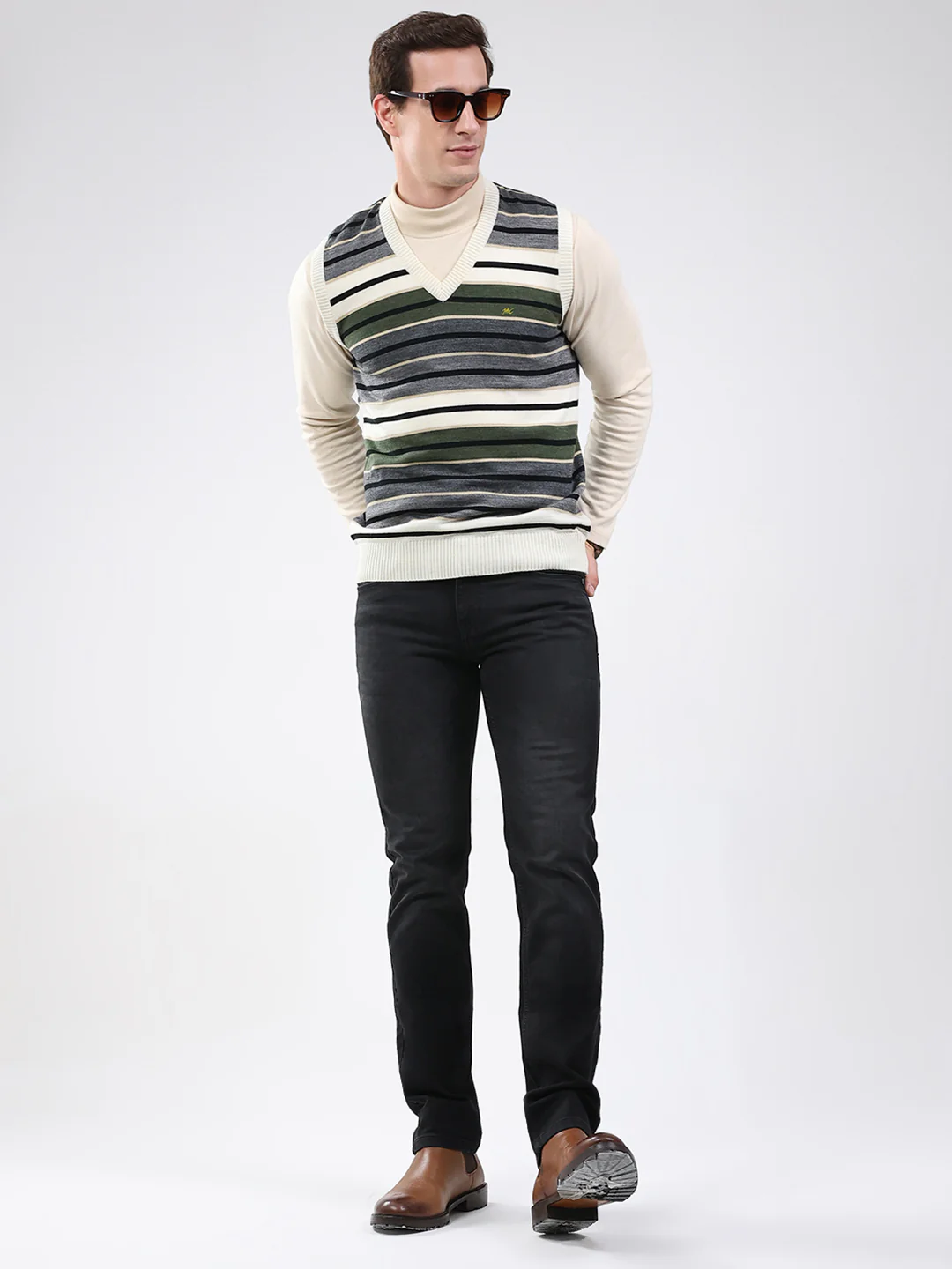Men White & Grey Stripe V Neck Sleeveless Sweater - Image 2