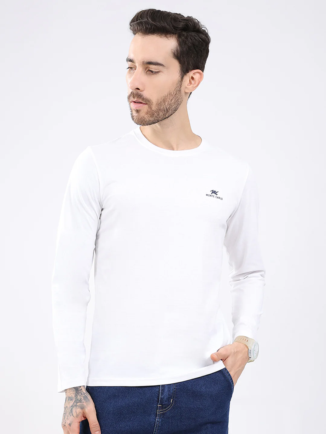 Men White & Navy Blue Solid Round Neck Full Sleeve T-Shirt (Pack of 2) - Image 3
