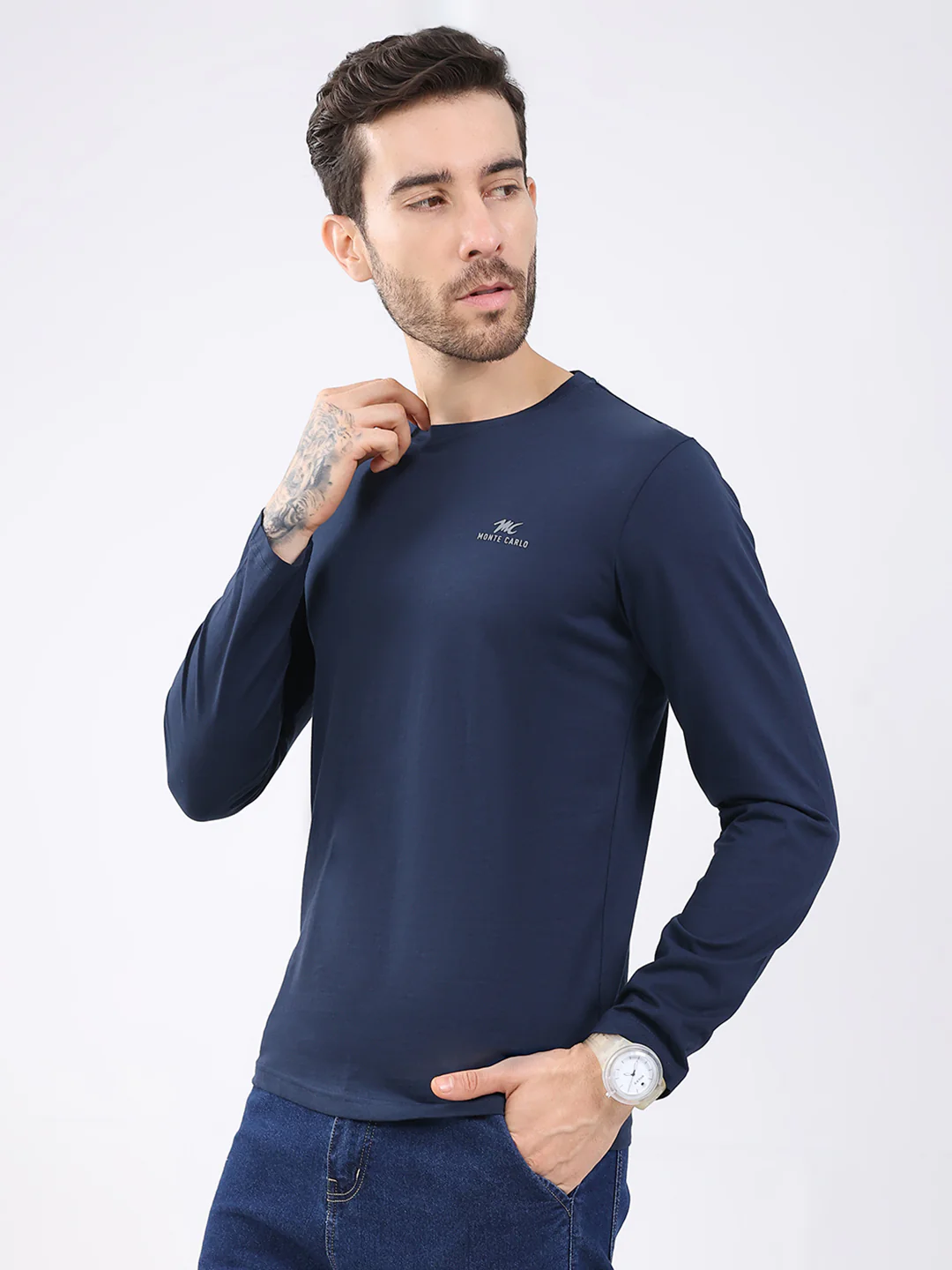 Men White & Navy Blue Solid Round Neck Full Sleeve T-Shirt (Pack of 2) - Image 9