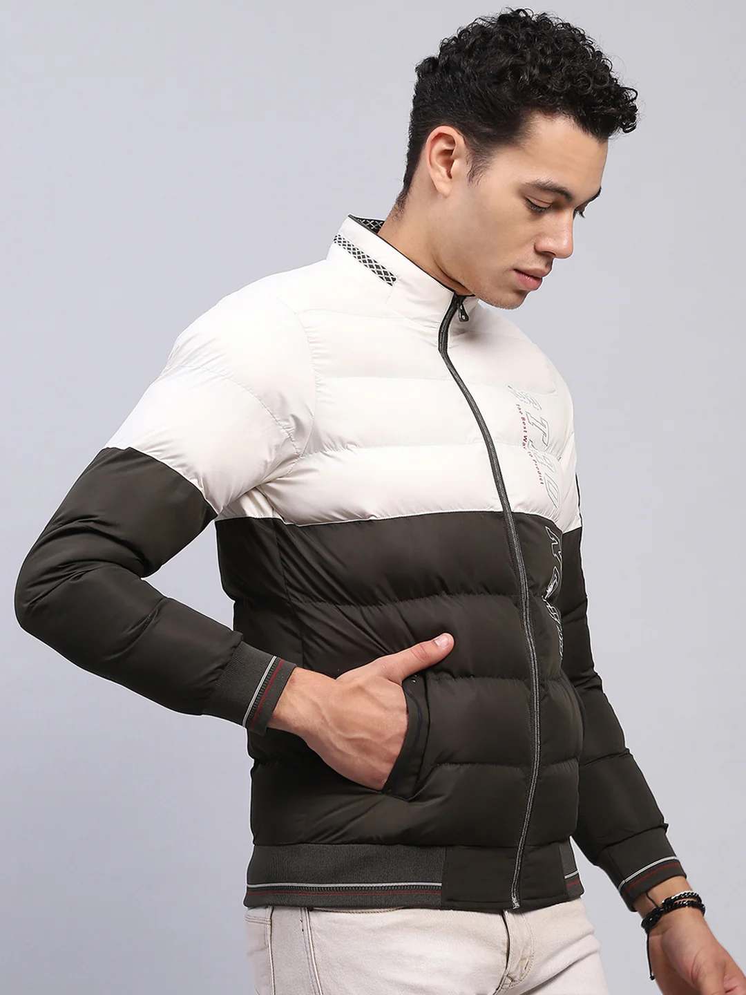 Men White & Olive Printed Mock Neck Full Sleeve Jacket - Image 4
