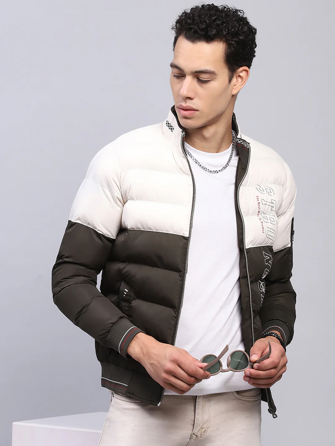 Men White & Olive Printed Mock Neck Full Sleeve Jacket - Image 6