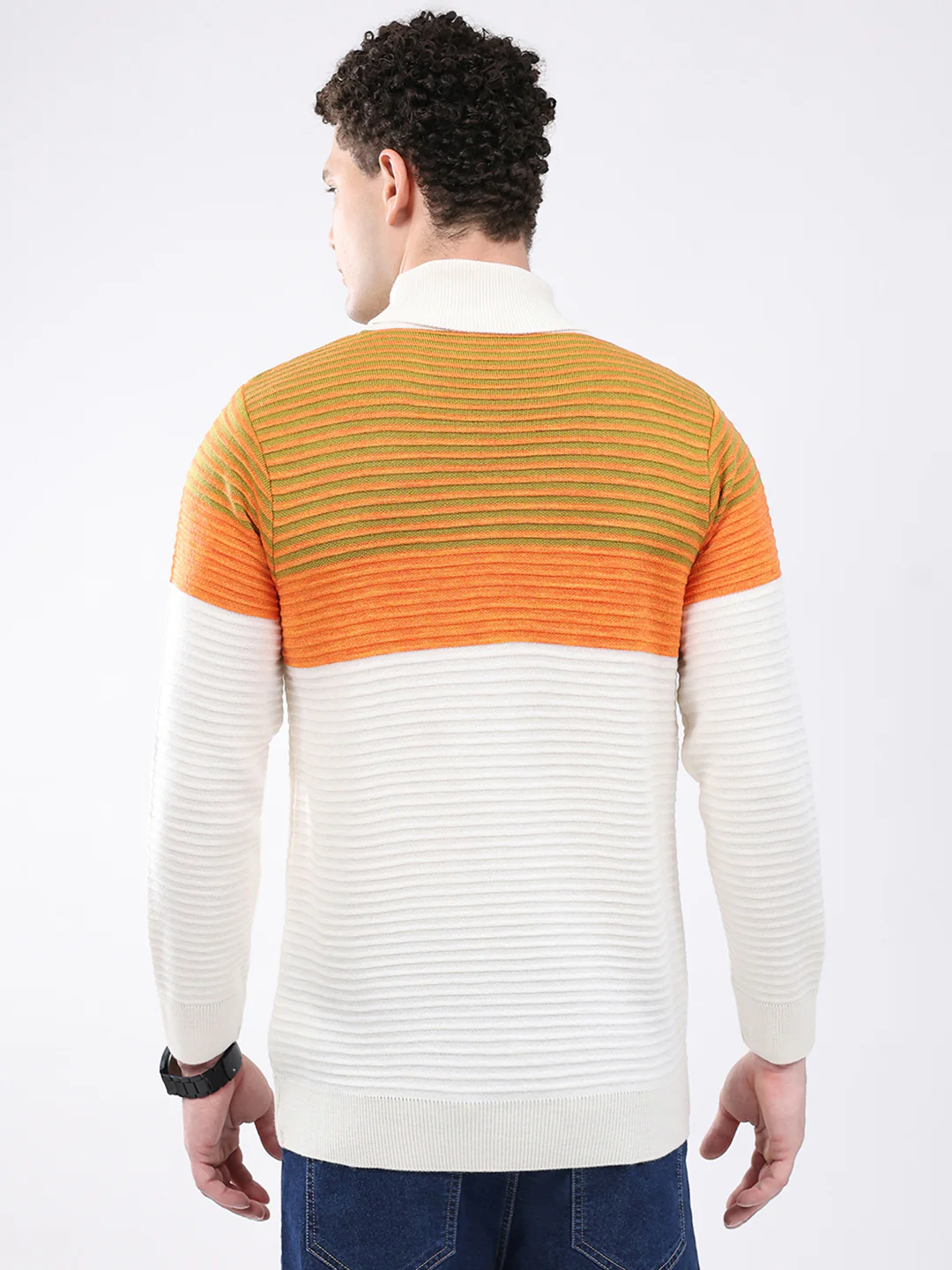 Men White & Orange Self Design High Neck Full Sleeve Pullover - Image 5