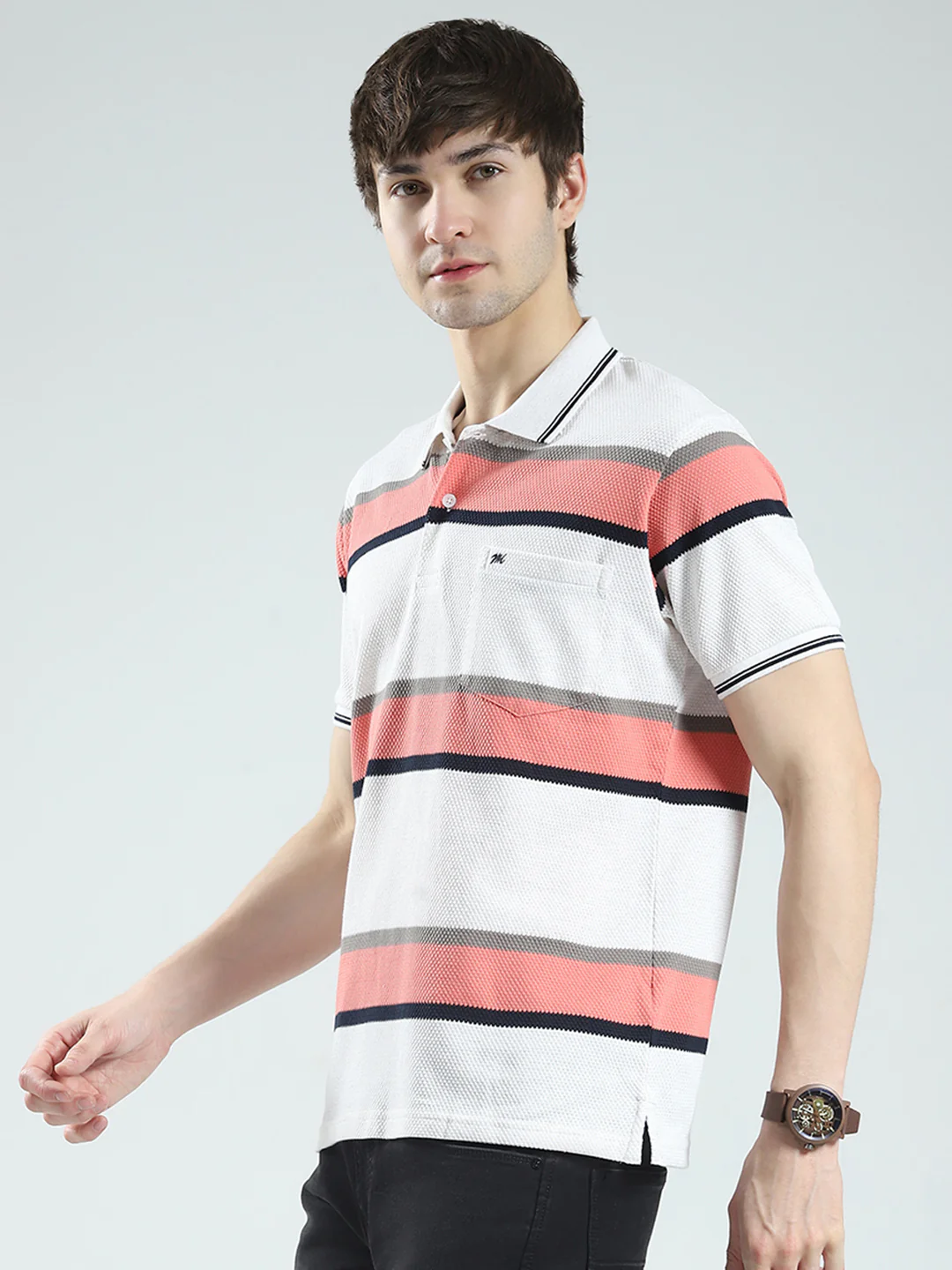 Men White & Orange Stripe Collar Half Sleeve T-Shirt - Image 3