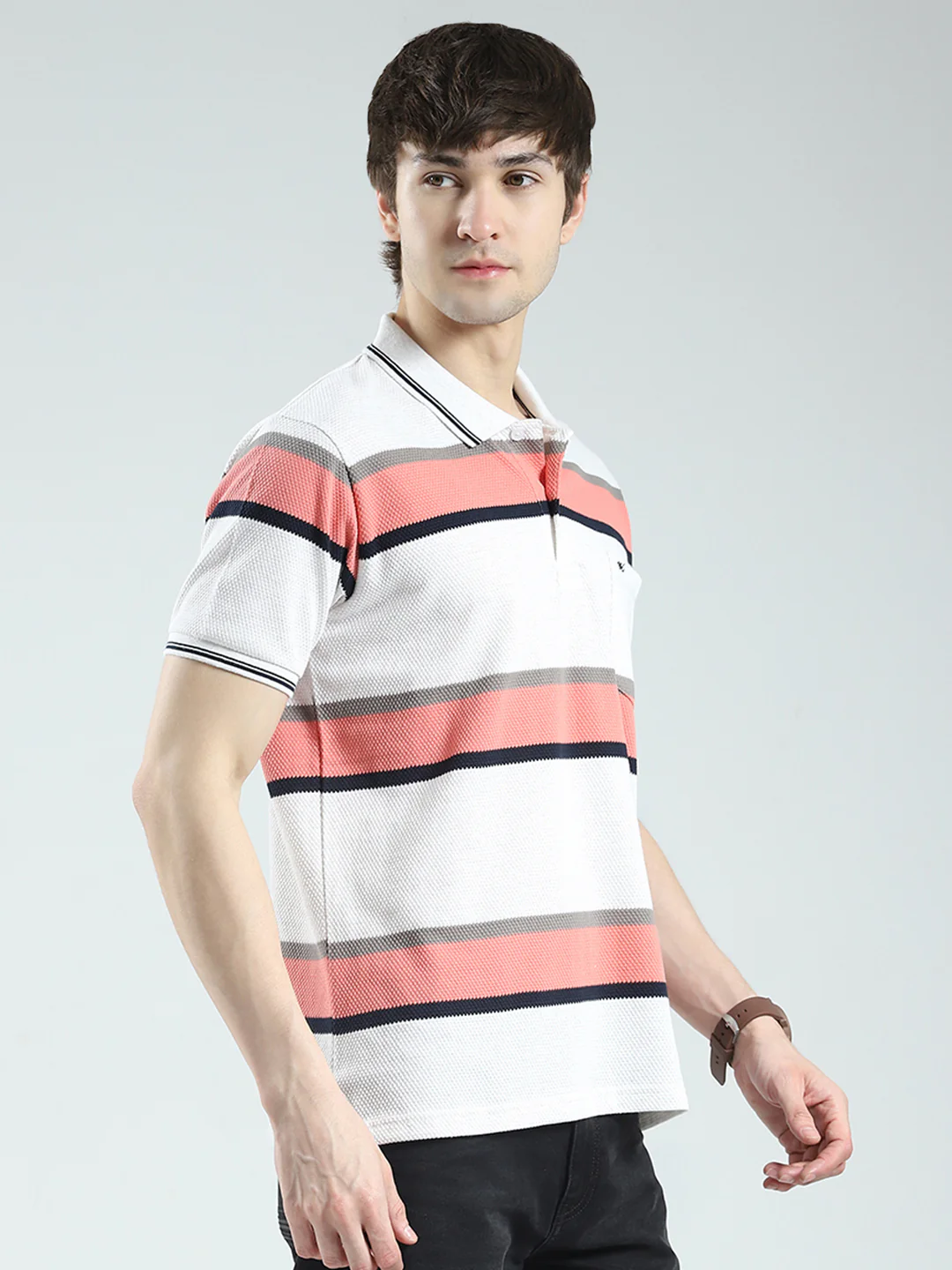 Men White & Orange Stripe Collar Half Sleeve T-Shirt - Image 4