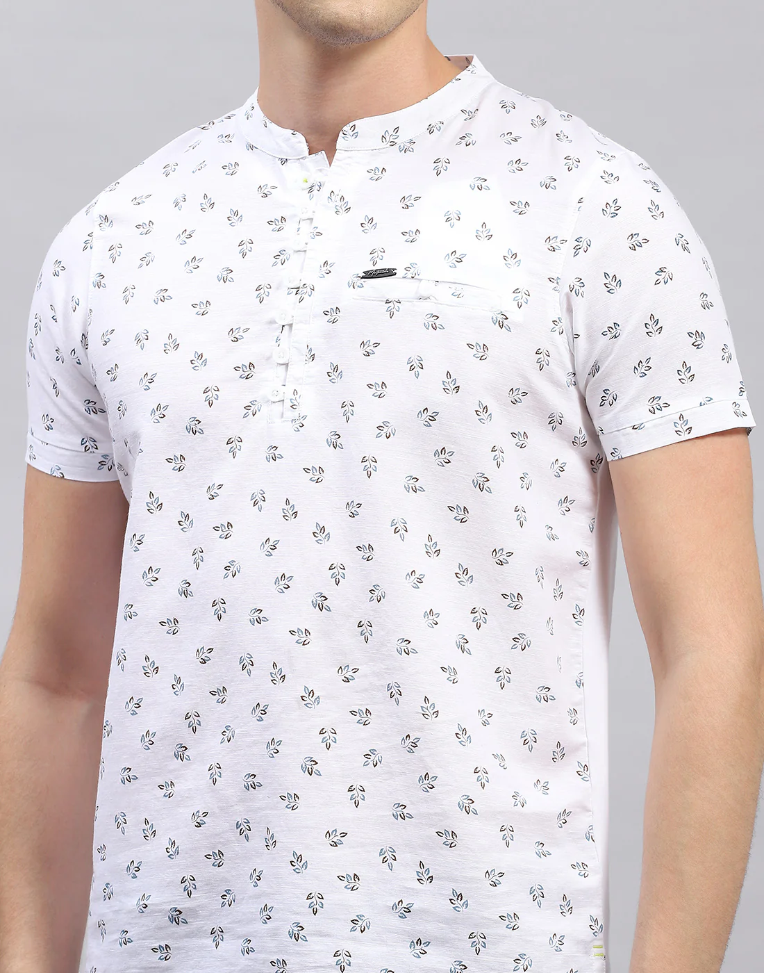 Men White Printed Band Collar Half Sleeve Kurta - Image 7