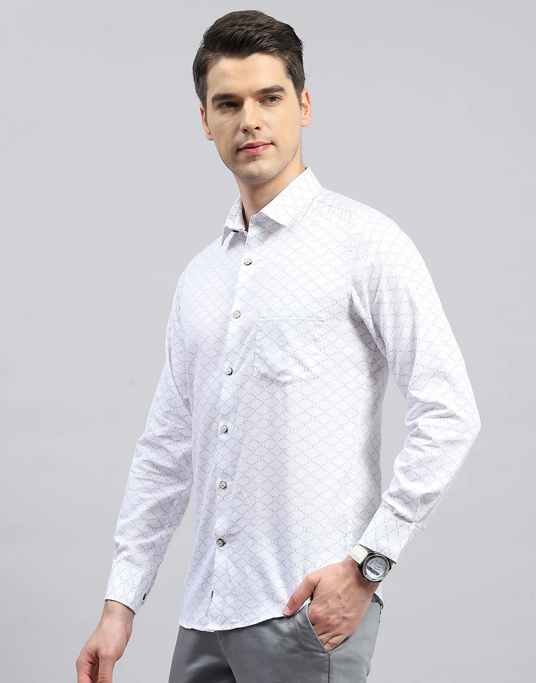 Men White Printed Collar Full Sleeve Shirt - Image 3