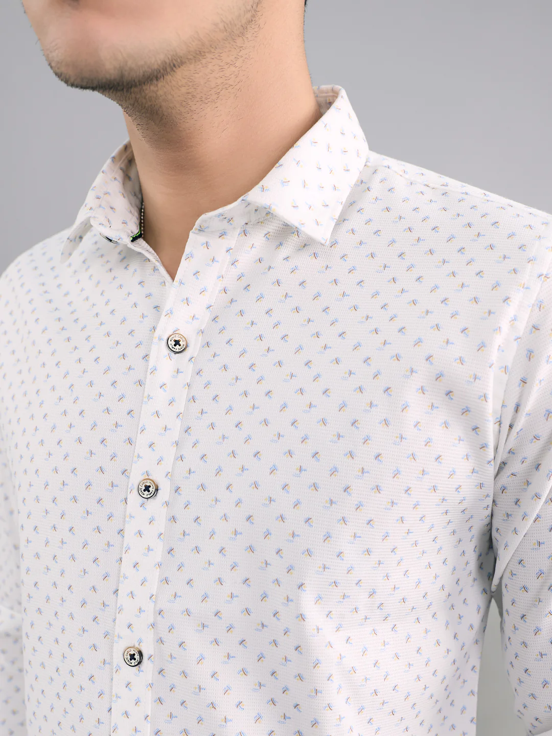 Men White Printed Collar Full Sleeve Shirt - Image 5