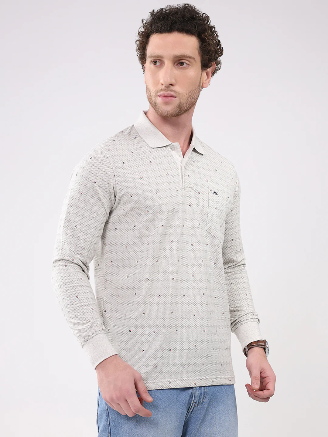 Men White Printed Collar Full Sleeve Winter T-Shirt - Image 4