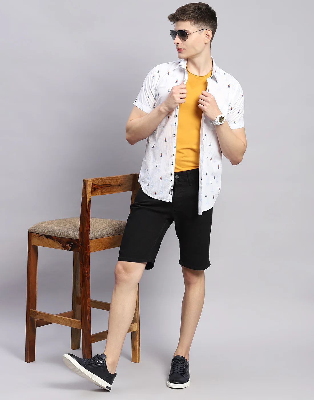 Men White Printed Collar Half Sleeve Shirt - Image 2