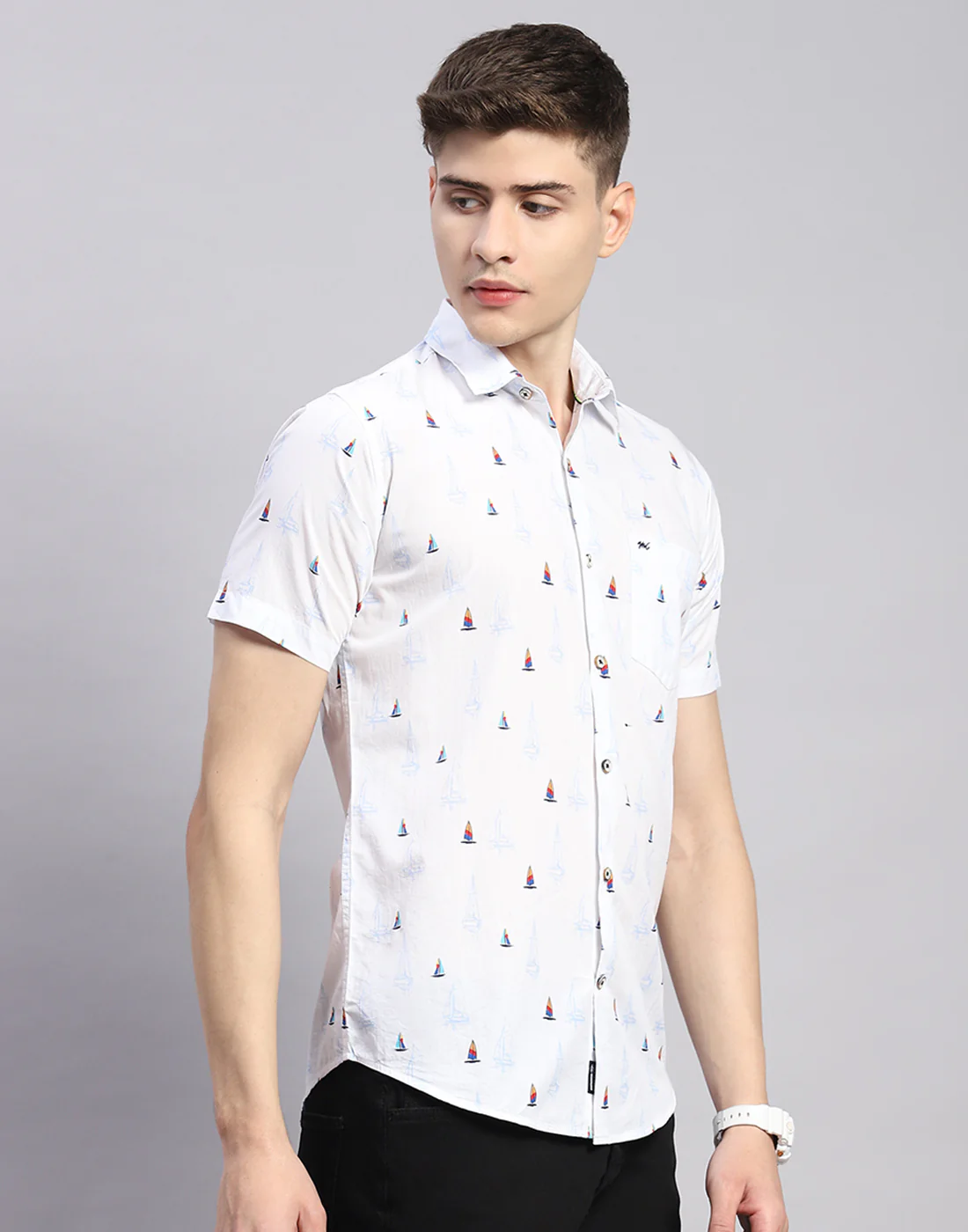 Men White Printed Collar Half Sleeve Shirt - Image 4
