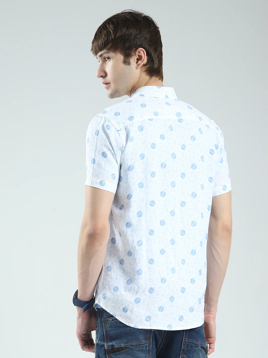 Men White Printed Collar Half Sleeve Linen Shirt - Image 5