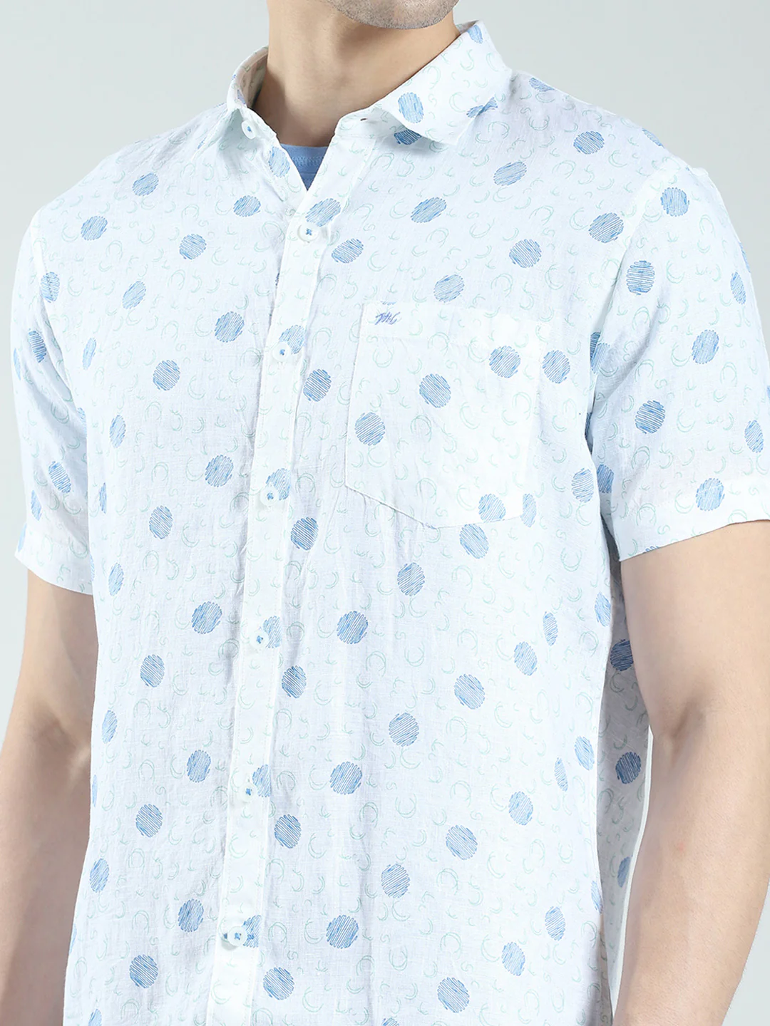 Men White Printed Collar Half Sleeve Linen Shirt - Image 6