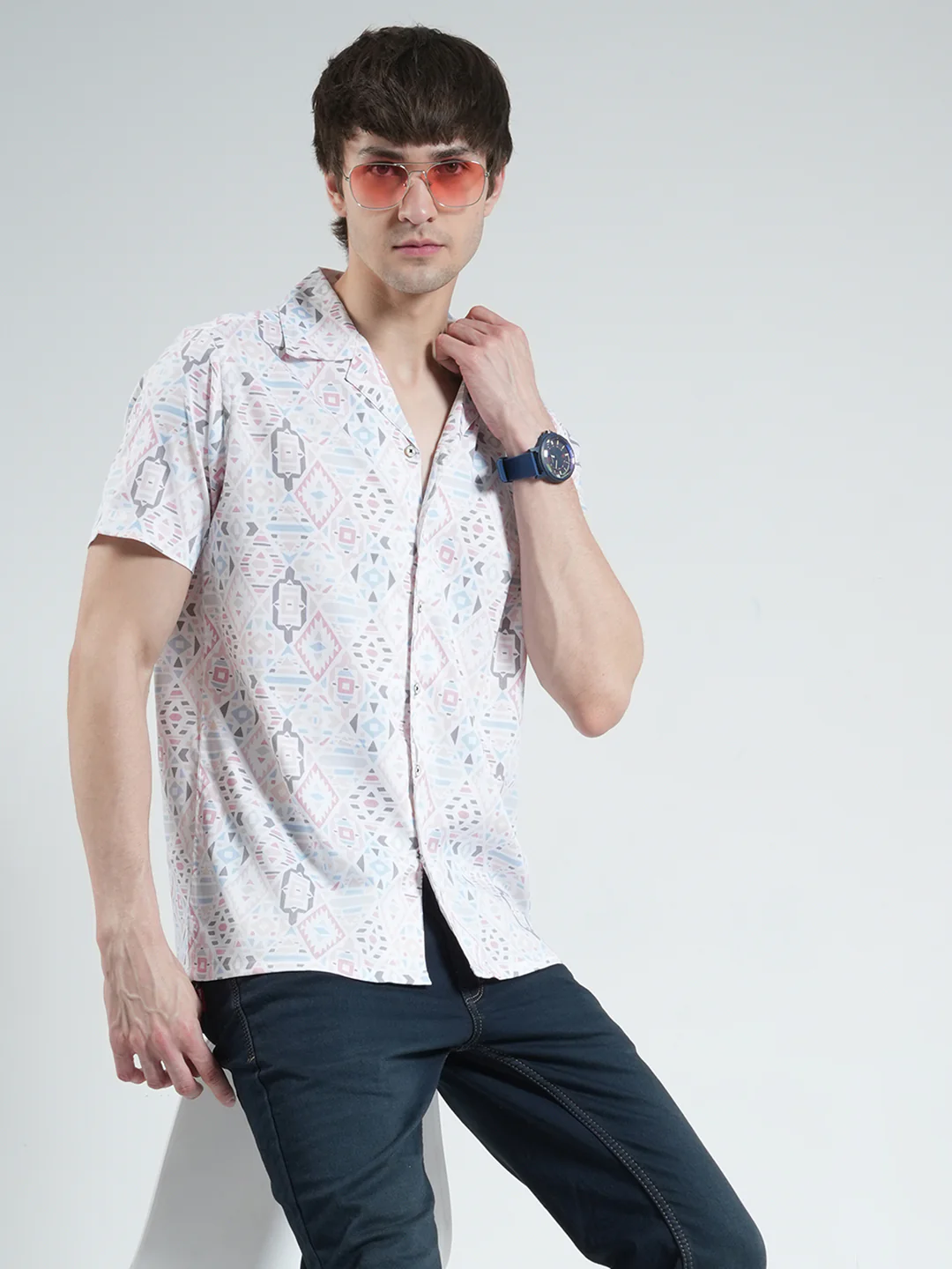 Men White Printed Collar Half Sleeve Shirt - Image 6