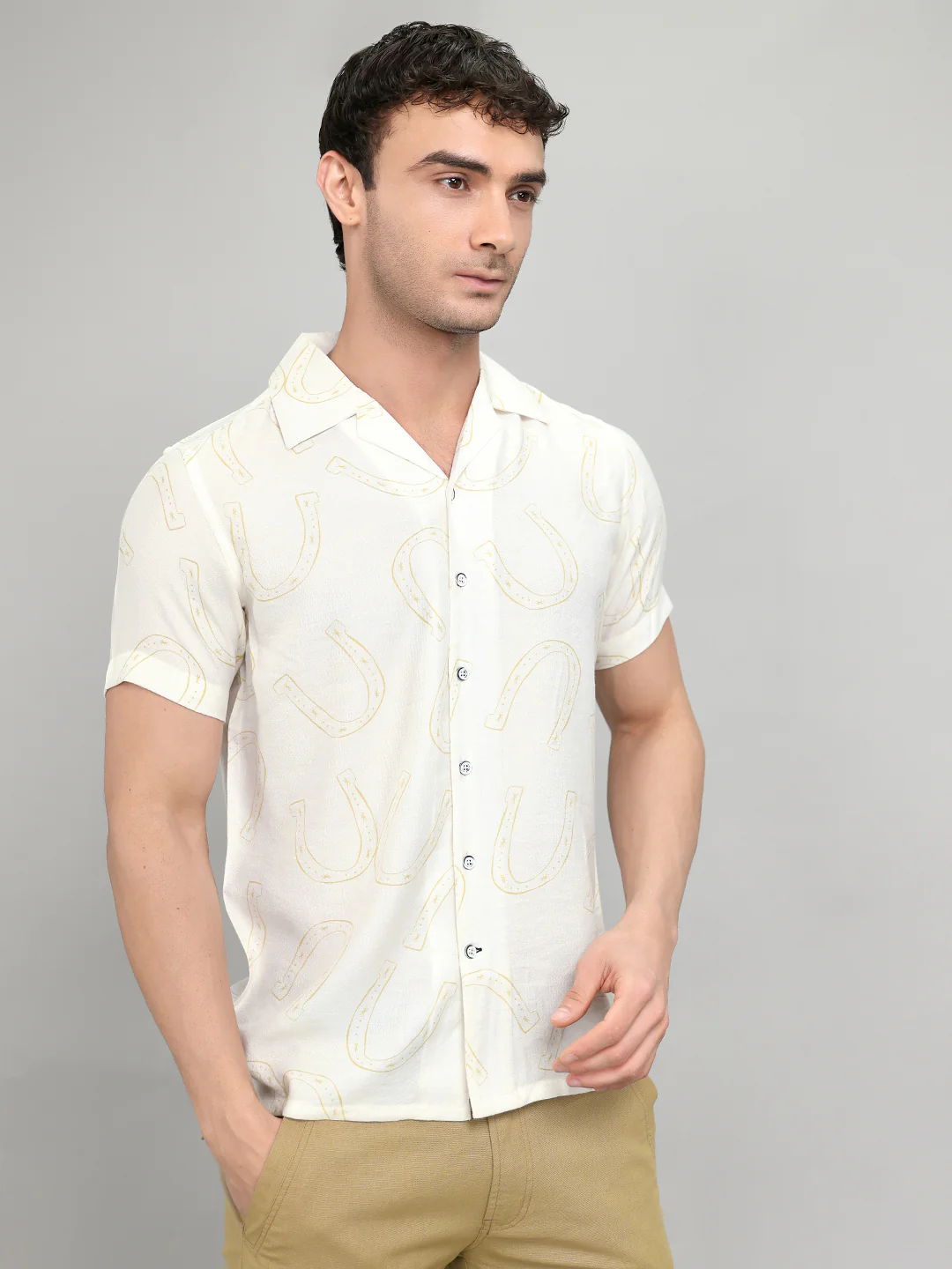 Men White Printed Collar Half Sleeve Shirt - Image 3