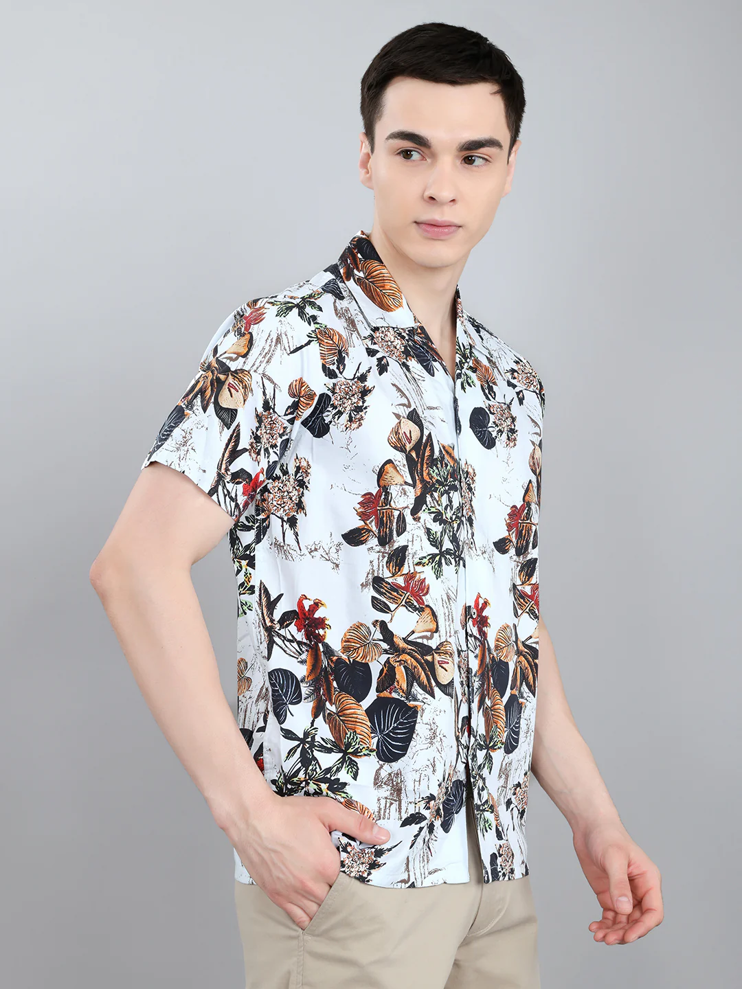 Men White Printed Collar Half Sleeve Shirt - Image 3