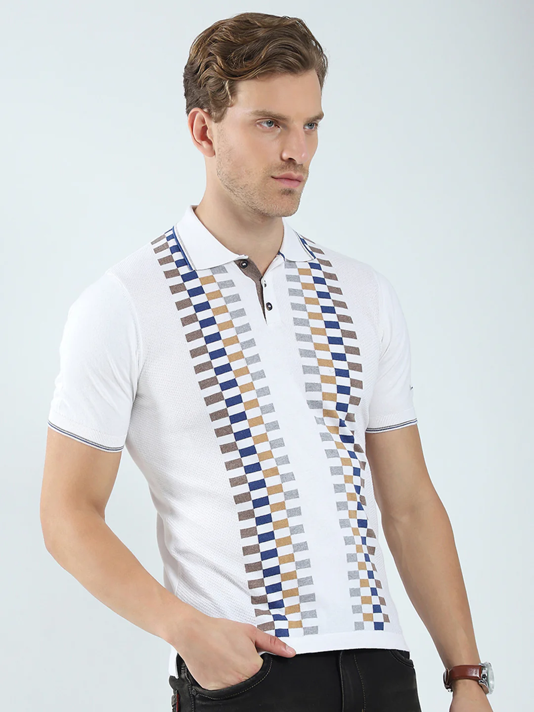 Men White Printed Collar Half Sleeve T-Shirt - Image 4