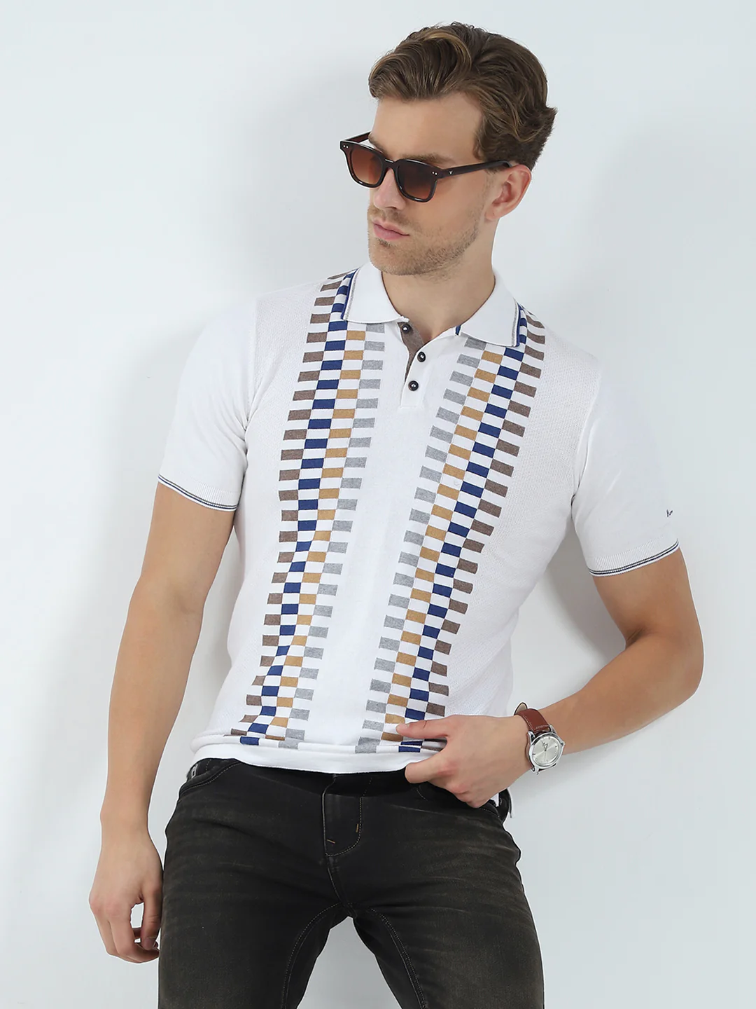 Men White Printed Collar Half Sleeve T-Shirt - Image 6
