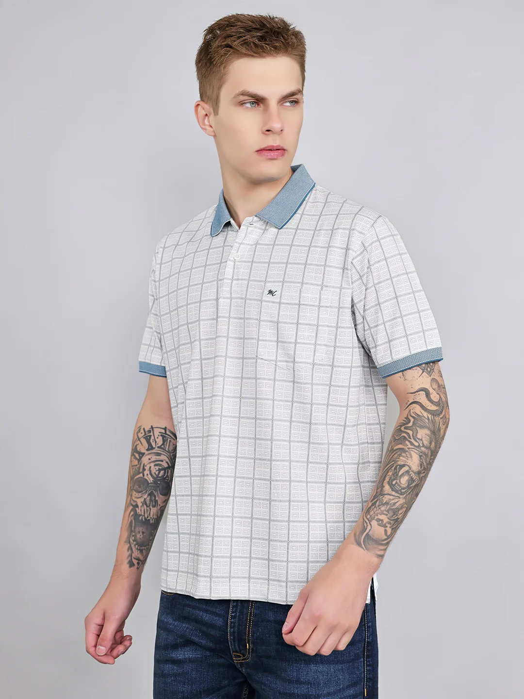 Men White Printed Collar Half Sleeve T-Shirt - Image 2