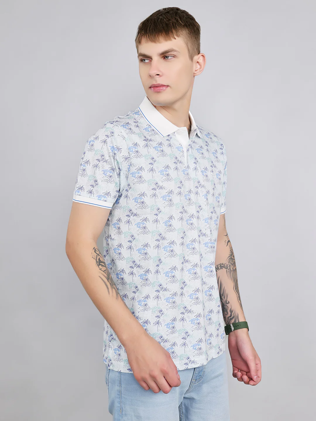 Men White Printed Collar Half Sleeve T-Shirt - Image 3